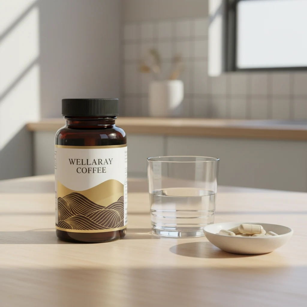 Wellaray Coffee box beside a white ceramic cup - buy Wellaray Coffee UK instant coffee food supplement sachets